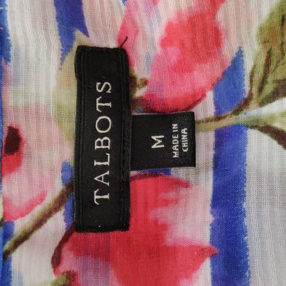 02537 Talbots blue stripes and pink floral semi-sheer L/S blouse M - Picture 8 of 9